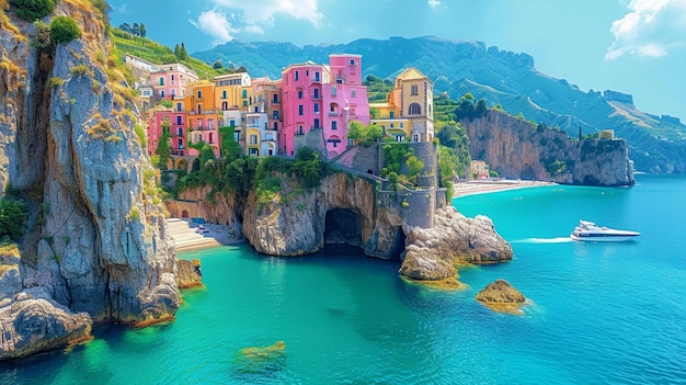 stunning view of the Amalfi Coast in Italy with colorful houses perched on cliffs