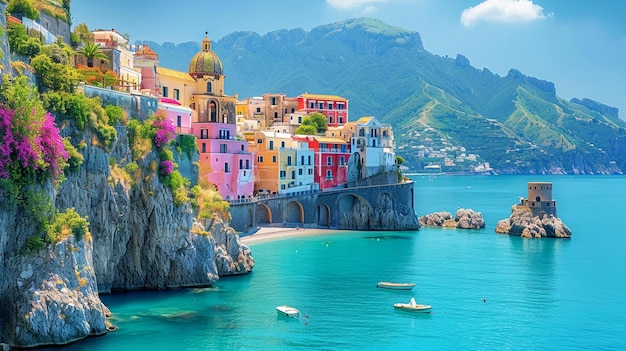 stunning view of the Amalfi Coast in Italy with colorful houses perched on cliffs