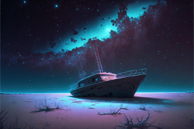 A stunning view of the deserted ship under the starstudded sky with the Milky Way galaxy Fantasy concept Illustration painting Generative AI