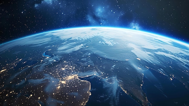 Stunning View of Earth from Space at Night City Lights Illuminating the Dark Ideal for Wallpapers and Backgrounds Photo Available for Download AI