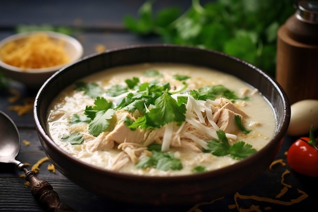A stunning view of an elegant bowl of creamy white chicken chili