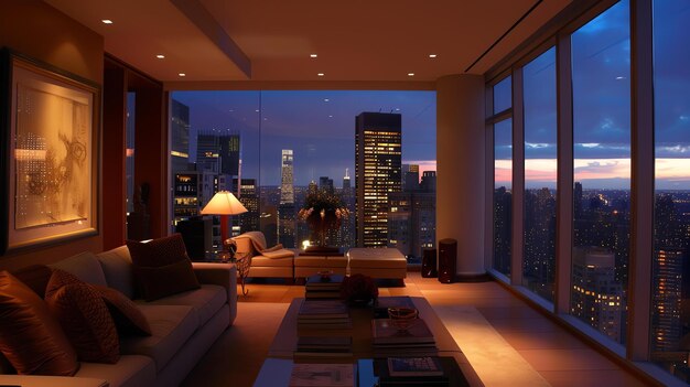 A stunning view of a modern living room with floortoceiling windows overlooking a city skyline at night