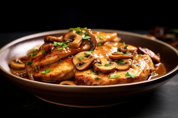 A stunning view of a plate of delicious chicken marsala