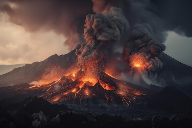 Stunning view of a volcanic eruption with lava flows and smoke billowing into the air