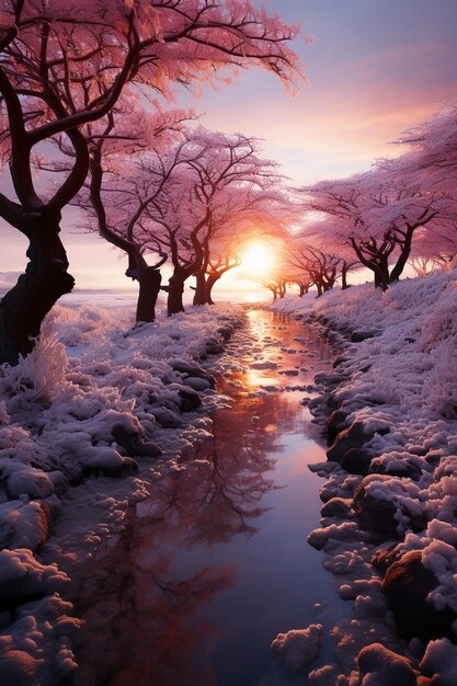 Stunning vivid winter sunset frost covered branches AI generative