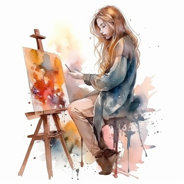 Stunning watercolor illustration featuring a girl painting on an easel with isolated paints