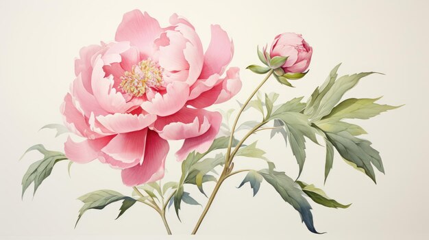 Photo a stunning watercolor of a peony flower with a light green background ai generative