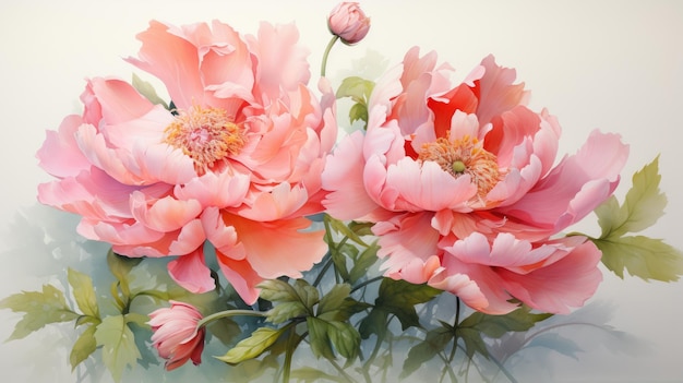 A stunning watercolor of a peony flower with a light green background AI Generative