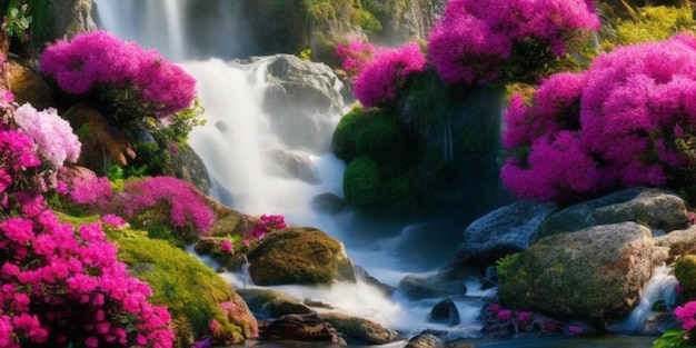 A stunning waterfall cascades gracefully amidst pink flowers and rocks