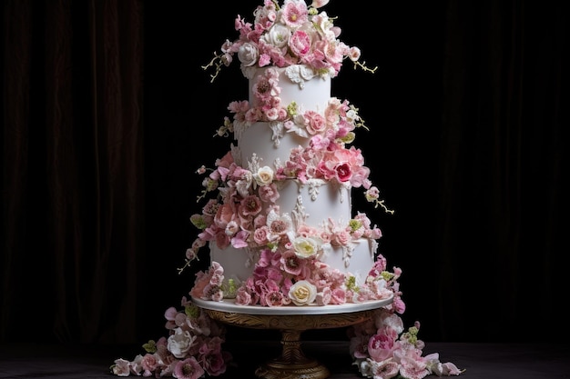 A stunning wedding cake featuring three tiers adorned with beautiful pink flowers An elaborate wedding cake with sugar flowers AI Generated