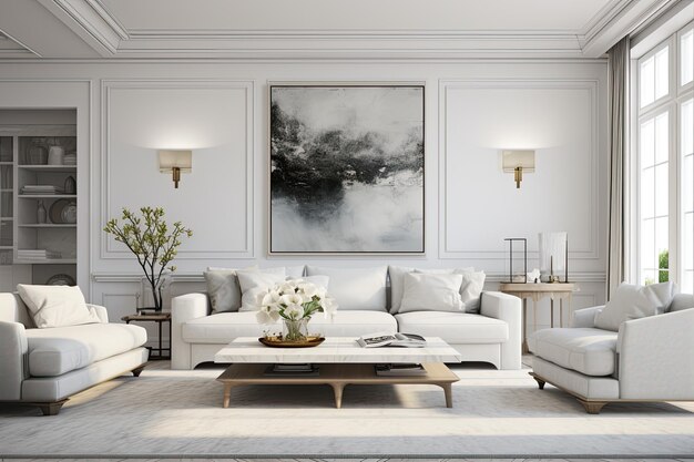 Foto splendido soggiorno bianco con elegante design 3d