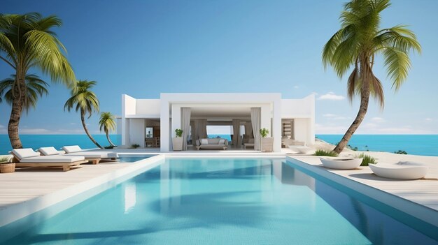 A stunning white villa perched on a hill featuring a spacious pool and palm trees