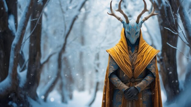 Photo stunning winter art intricate blue and gold monk with horns