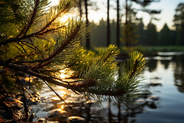 A stunning winter landscape during sunset where a dense forest of vibrant green pine trees is bathed