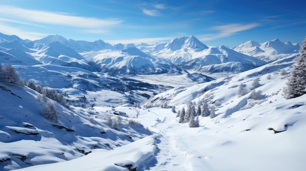 눈을 가르는 스키 트랙이 있는 멋진 겨울 풍경 제너레이티브 AI