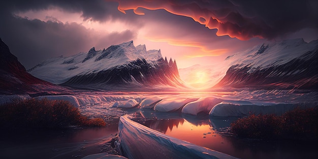 Stunning Wintery Mountain Landscape with Glistening River Flowing Through Majestic Scenery generative AI