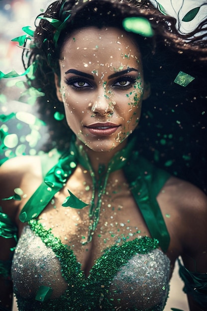 Stunning woman at carnival, under green confetti rain