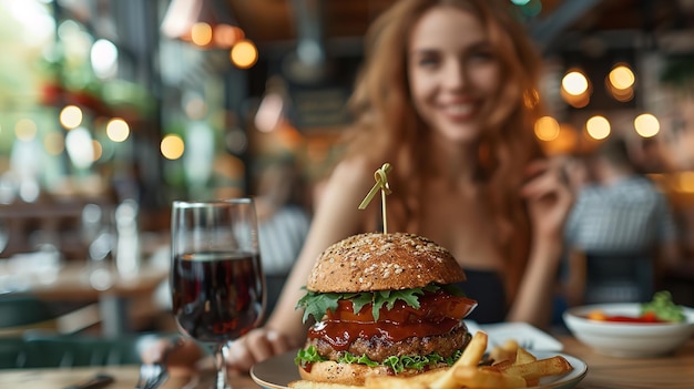 Photo stunning woman enjoying a plantbased vegan burger in closeup smiling broadly and staring at the camera against a hazy background with space for text generative ai