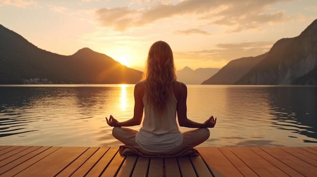 A stunning woman practises yoga meditation while seated in the lotus position on a high platform with a magnificent view of the lake sunset Generative AI the Kundalini energy attitude and prana