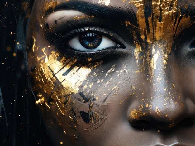Premium AI Image  A woman with black and gold face paint and gold paint