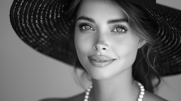 Stunning woman with black and white straw summer hat and pearls smiling with long false eyelashes