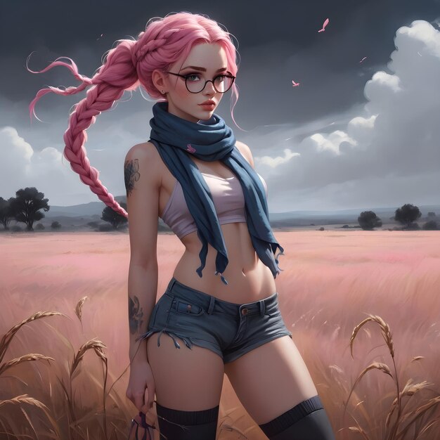 Stunning Woman with Braided Pink Hair and Pink Eyes