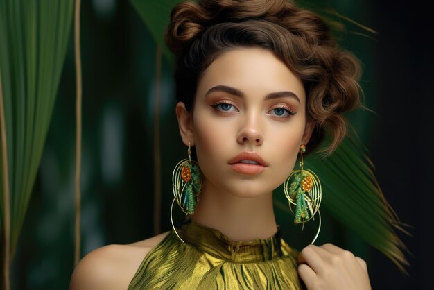 Stunning woman with an elegant updo and dramatic green earrings against a backdrop of lush leaves radiating sophistication