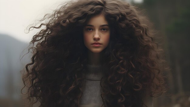 Stunning Woman with Long Curly Hair Embracing Nature in a Beautiful Fi