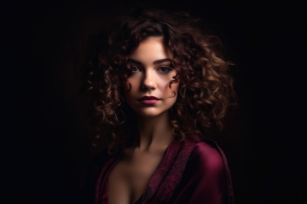 Stunning woman with maroon drapery backdrop her cascading curly hair frames her glowing face