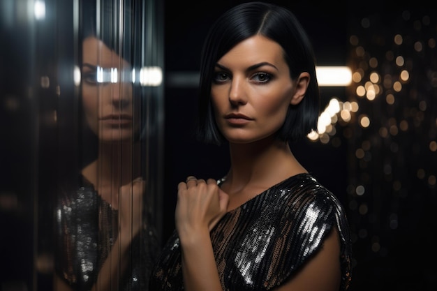 Stunning woman with piercing grey eyes and sleek black hair wearing a sparkling silver dress