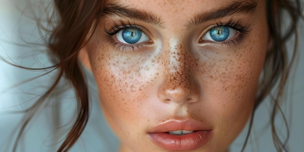 눈에 띄는 파란 눈을 가진 멋진 여성이 피부 관리 루틴을 즐기고 있습니다.