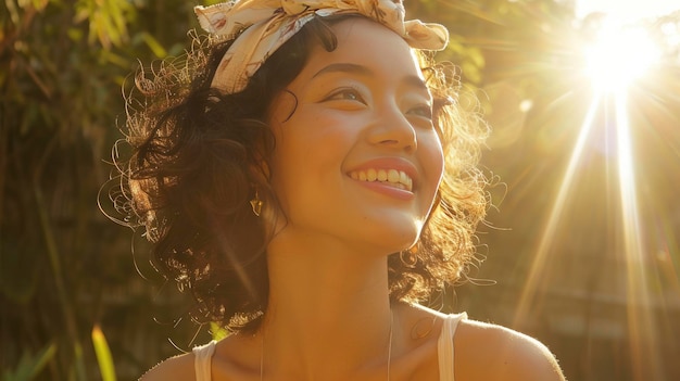 Photo a stunning young japanese woman with curly hair a white tank top and a headband was grinning in the sun