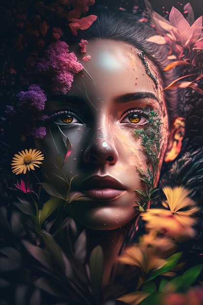 A stunning young lady with an array of plants and blossoms adorning her face AIGenerated