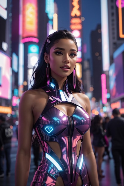 Stunning young woman dressed in a revealing futuristic outfit