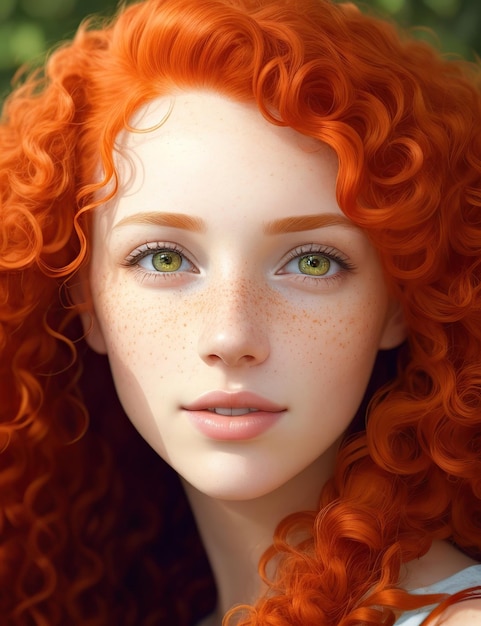 stunning young woman with red hair with freckles on her skin and light eyes