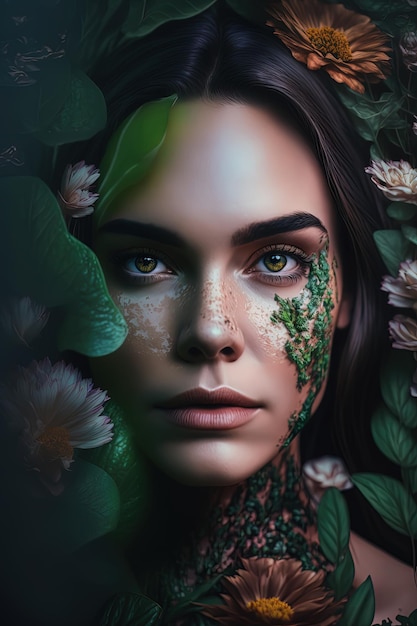 A stunning young woman with a unique and natural look featuring plants on her face AIGenerated