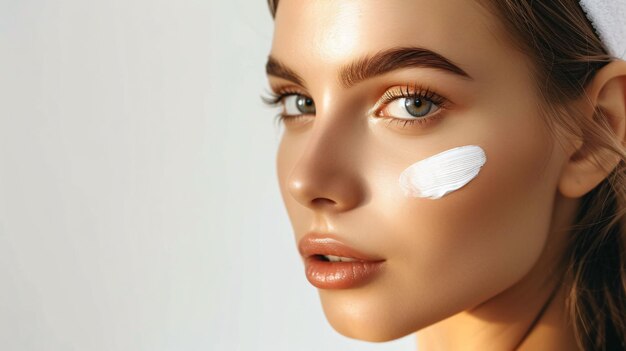 Photo a stunning and youthful woman shields her skin with sun protection cream radiating confidence and health on a clean white backdrop