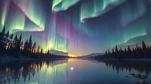 Stunningly beautiful landscape with aurora sky background