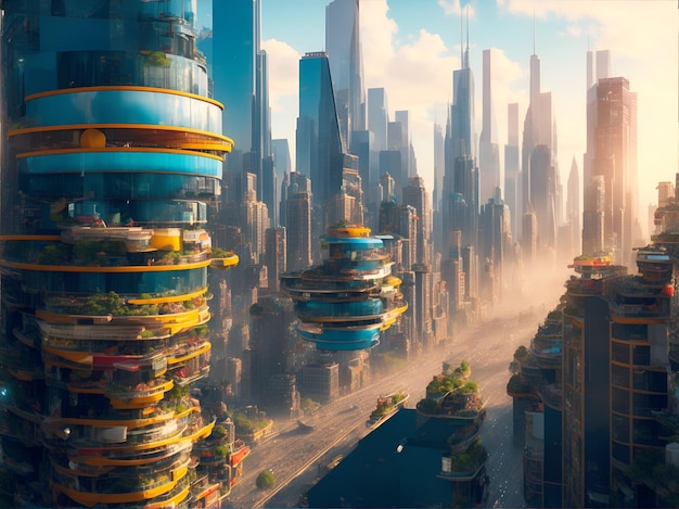 A stunningly of a bustling vibrant cityscape the future is alive with possibility and adventure