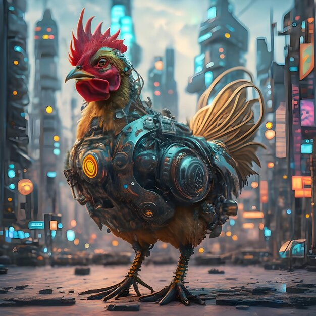 Photo stunningly detailed 3d render of a futuristic chicken robot