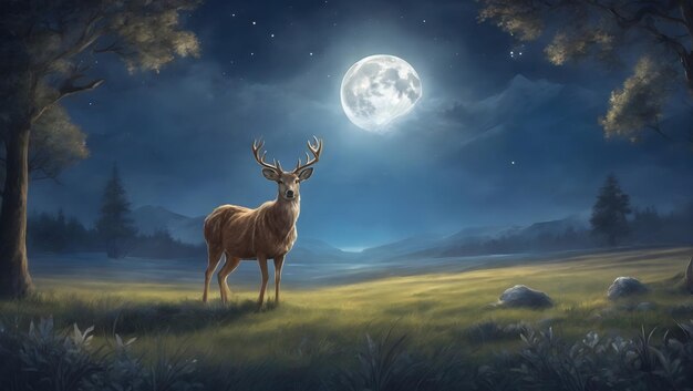 半月が照らした夜の森の鹿の驚くほど詳細なイラスト