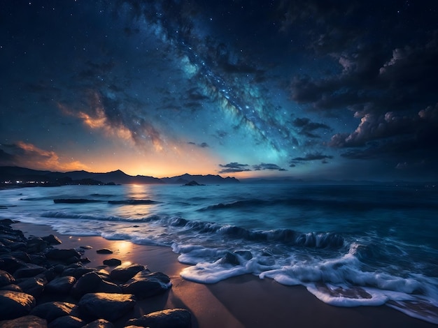 A stunningly detailed starfilled night sky with the stars twinkling over the sea