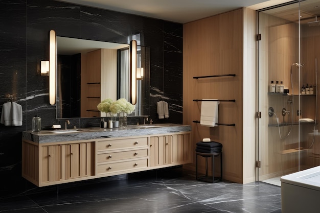 A stunningly elegant and lavish bathroom featuring a contemporary design with a lighttoned wooden ca