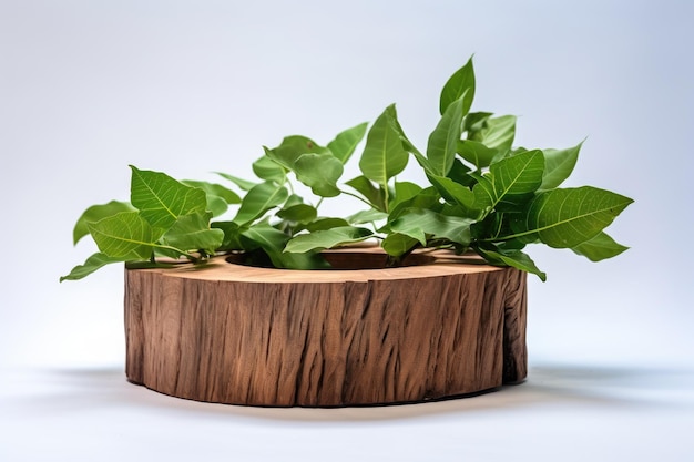 Stunningly Poignant Exquisite Round Wooden Cylinder Display Adorned with Cerbera Manghas Leaves A