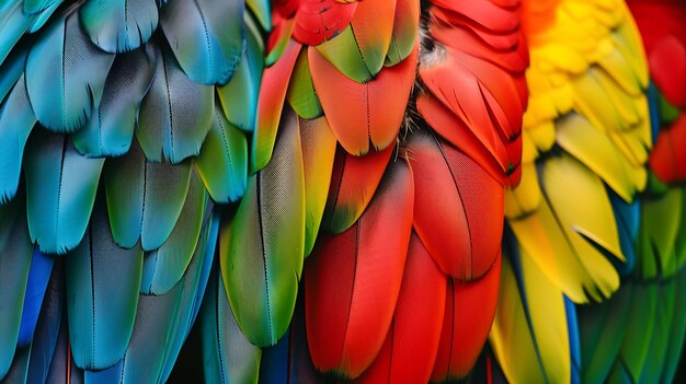 A stunningly vibrant and colorful close up of a parrots feathers