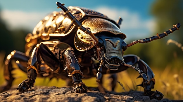 Sturdy rhinoceros beetle in intricate closeup