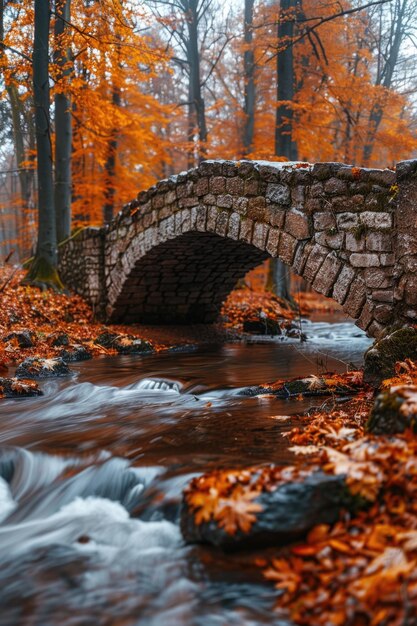 A sturdy stone bridge spans over a flowing stream in a dense forest setting