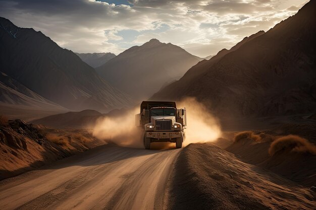 Sturdy truck moves forward on road surrounded by mountains generative IA