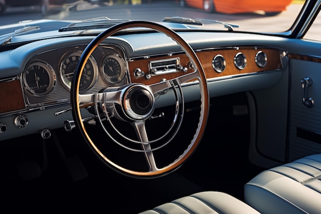 stuurwiel en interieur van een stijlvolle vintage auto Generatieve AI