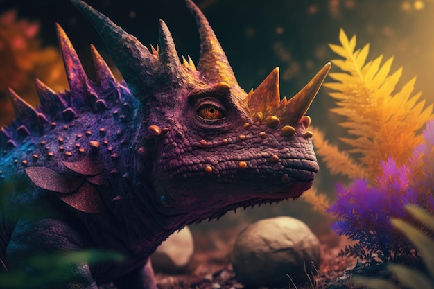 Stygimoloch Colorful Dangerous Dinosaur in Lush Prehistoric Nature by Generative AI